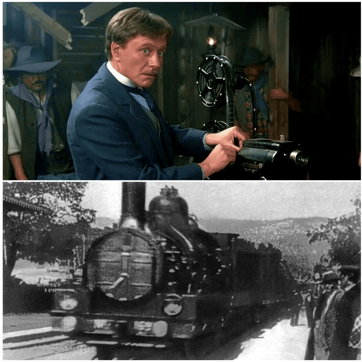 Сверху — кадр из фильма «Человек с бульвара Капуцинов» (1987) (реж. Алла Сурикова). Снизу — «Прибытие поезда» (1896) (реж. братья Огюст и Луи Люмьер)