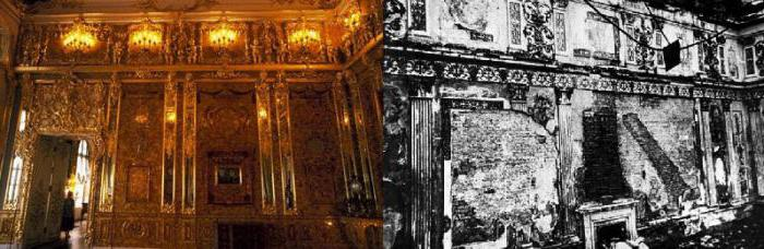 Разрушенная Янтарная комната до реставрации XIX века. Видны трещины и утраченные фрагменты янтарных панелей. Интересный факт: За один зимний сезон от перепадов температуры комната теряла до 10% янтарного декора.