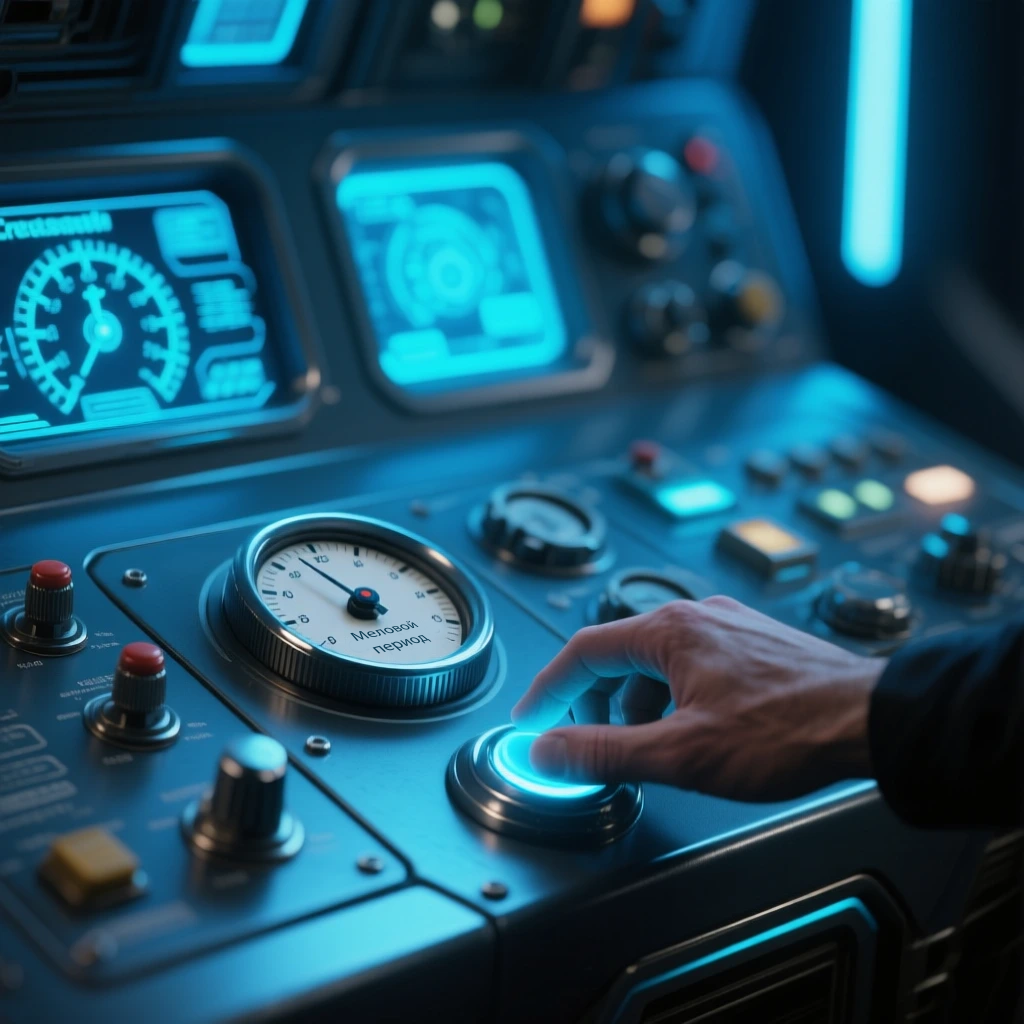 Панель управления машины времени, циферблаты которой настроены на «меловой период». Сгенерировано с помощью krea ai.