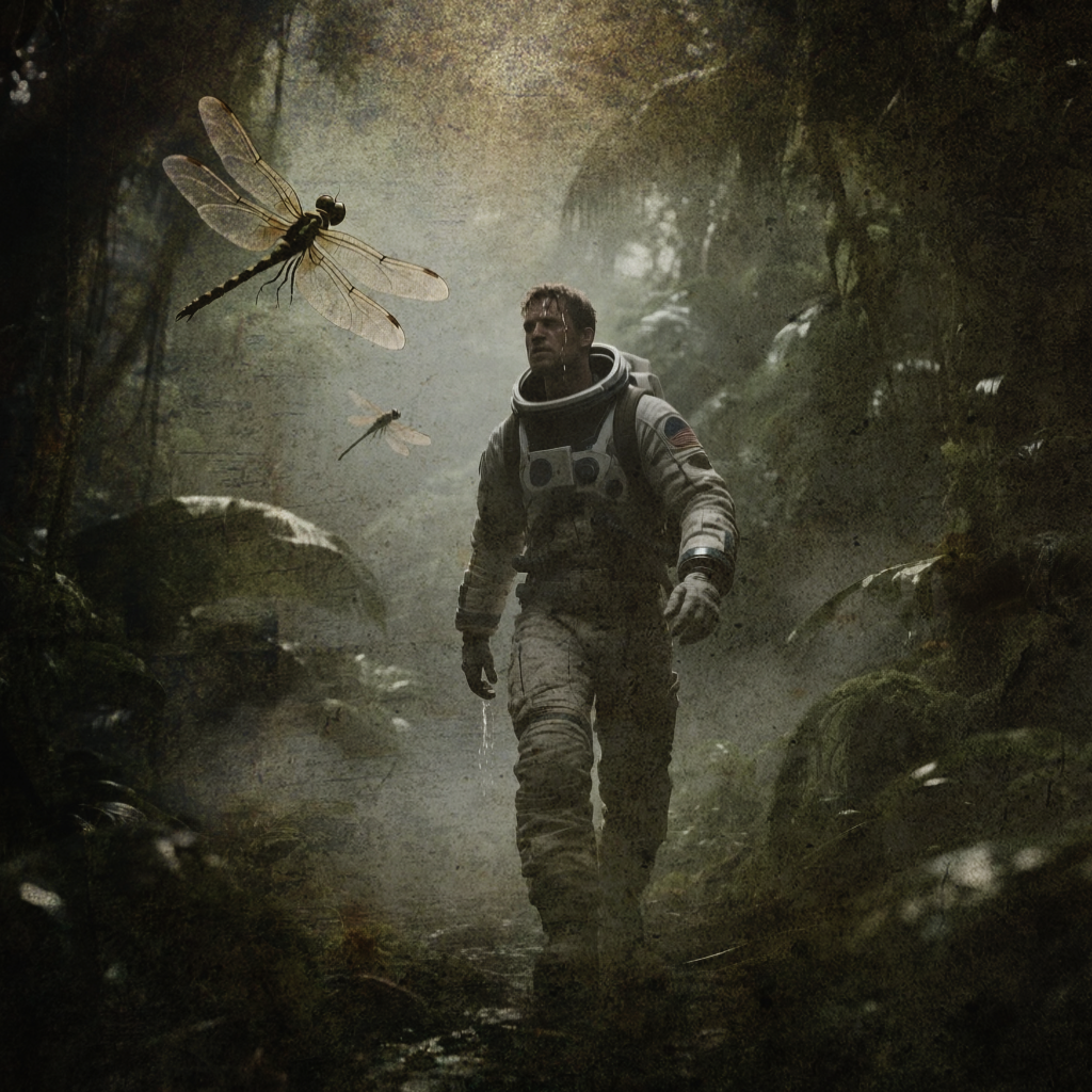 Исследователь в скафандре пробирается сквозь густые, влажные джунгли под палящим солнцем. Сгенерировано с помощью krea ai.