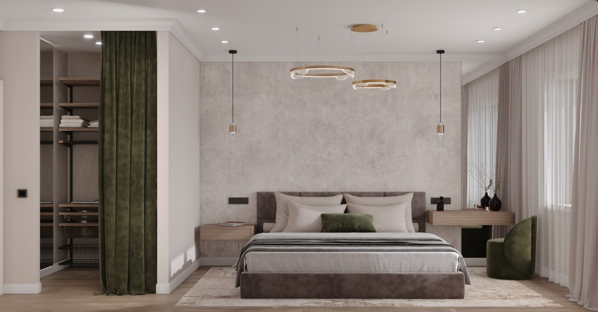 Визуализация спальни с акцентом на зелёный цвет.