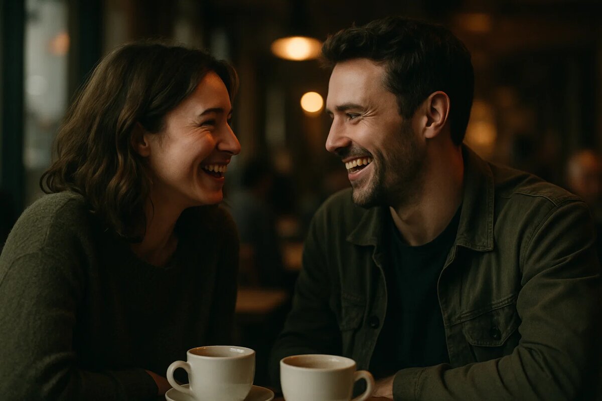 Двое людей сидят в кафе и общаются