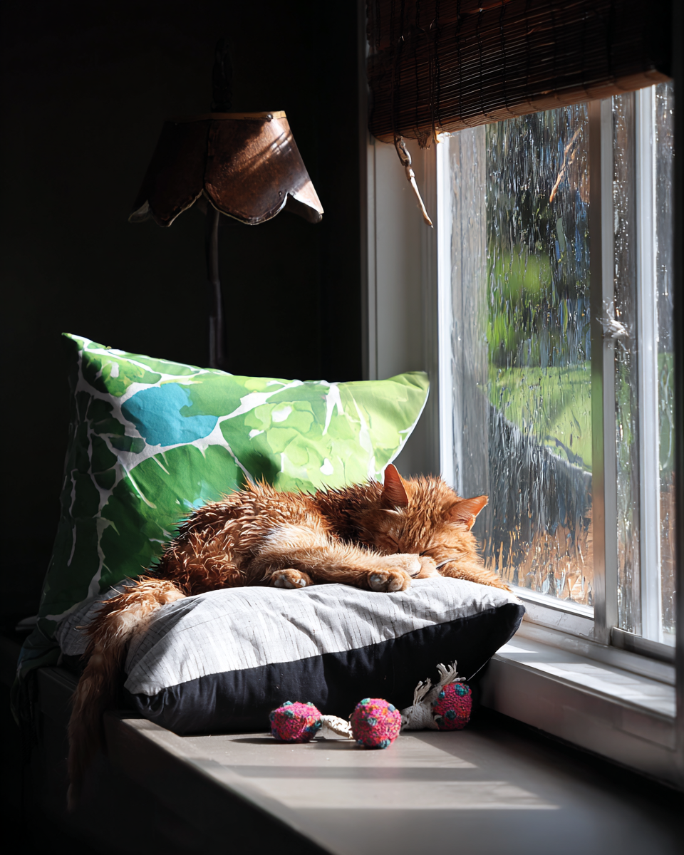 "рыжий кот спит на подушке, уютная комната, солнечные лучи"
