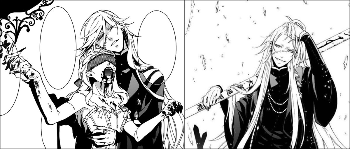 Раз меня унесло так, то...Люблю Гробовщика, даже при всех его бесчинствах! У него безумно интересная арка, которая почти так и не раскрылась за 20 лет выпуска манги: я о его взаимоотношениях с Клавдией, бабушкой Сиэля, точнее...Сиэлей. + его хищные коготочки тоже прекрасны)