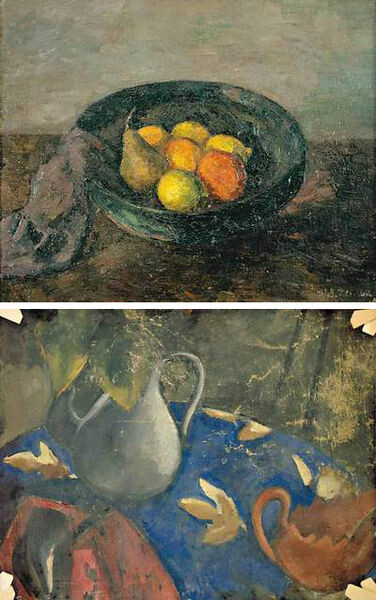 Роберт Фальк. Фрукты в синей вазе. Кувшин на овальном столе. Двусторонняя картина. 1910-е, 1946. Находилась в собрании Инкомбанка.