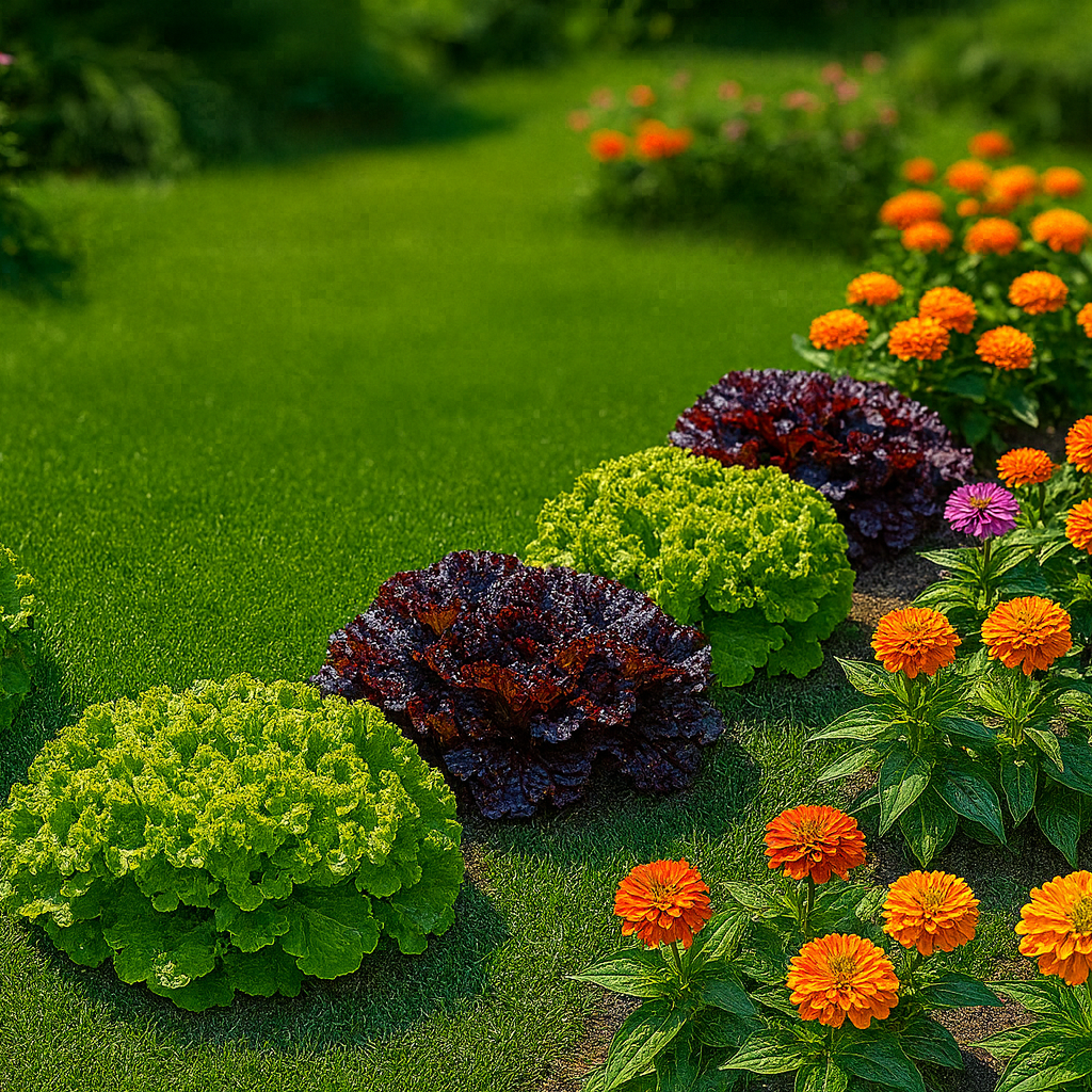 Салатные грядки не обязательно прятать. Курчавые листья разных оттенков смотрятся как декоративная зелень и подчёркивают цветы в клумбе.