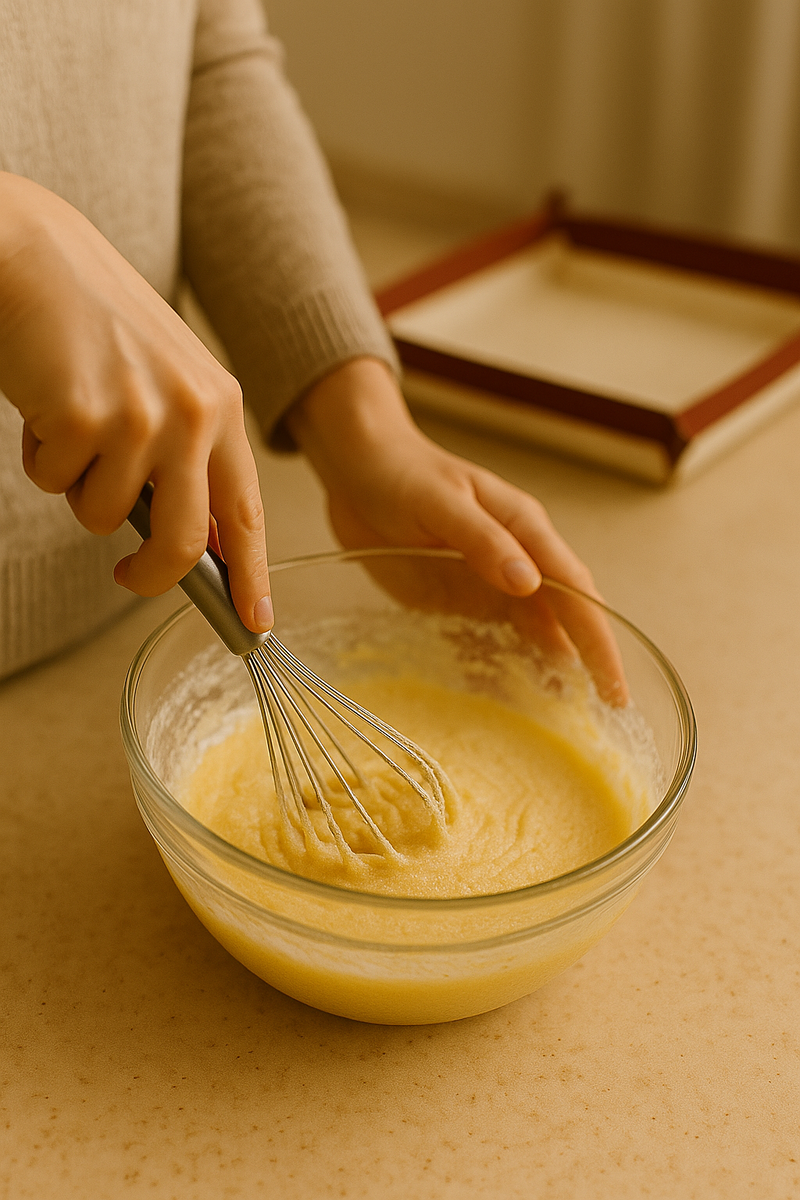 Взбейте яйца с сахаром до пышной массы.

Аккуратно вмешайте муку с разрыхлителем.