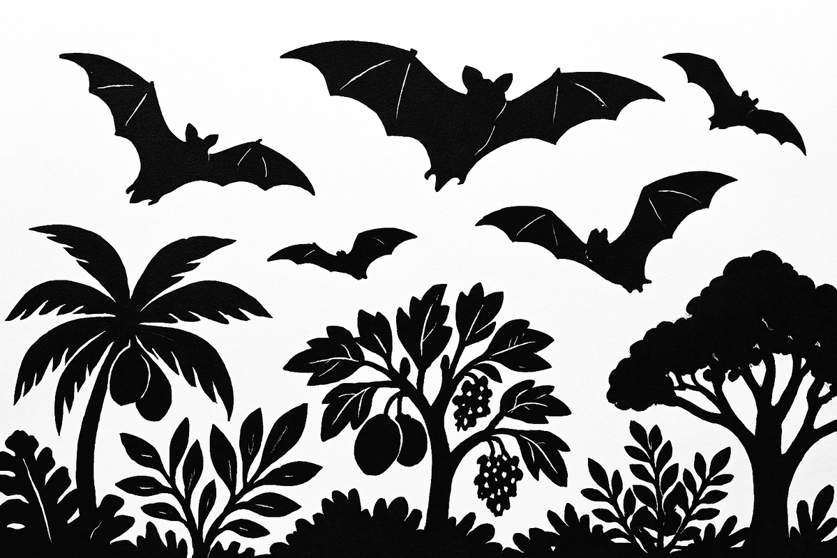 Летучие лисицы с расправленными крыльями парят над тропическим лесом. Внизу — силуэты деревьев, кокосов и ягод, подчёркивающие их среду обитания.