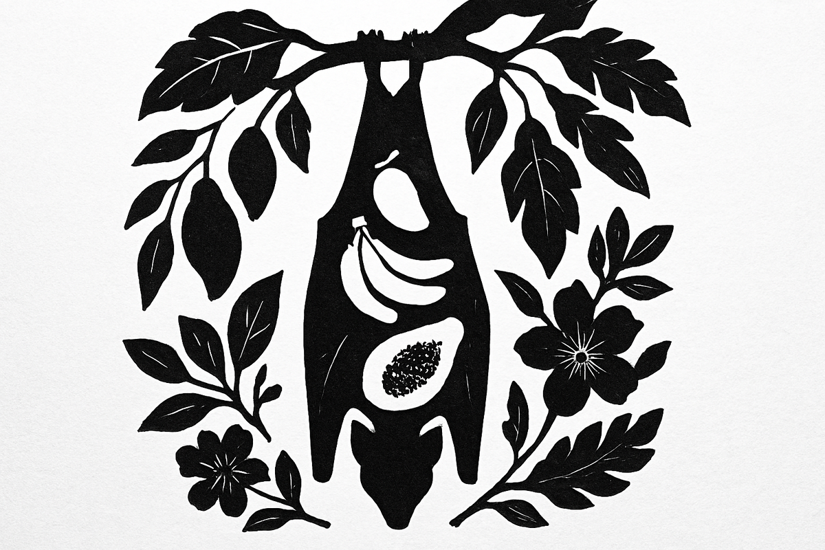 Силуэт летучей лисицы с фруктами внутри её крыльев — манго, банан и папайя. Вокруг — листья, цветы и плоды тропического леса.