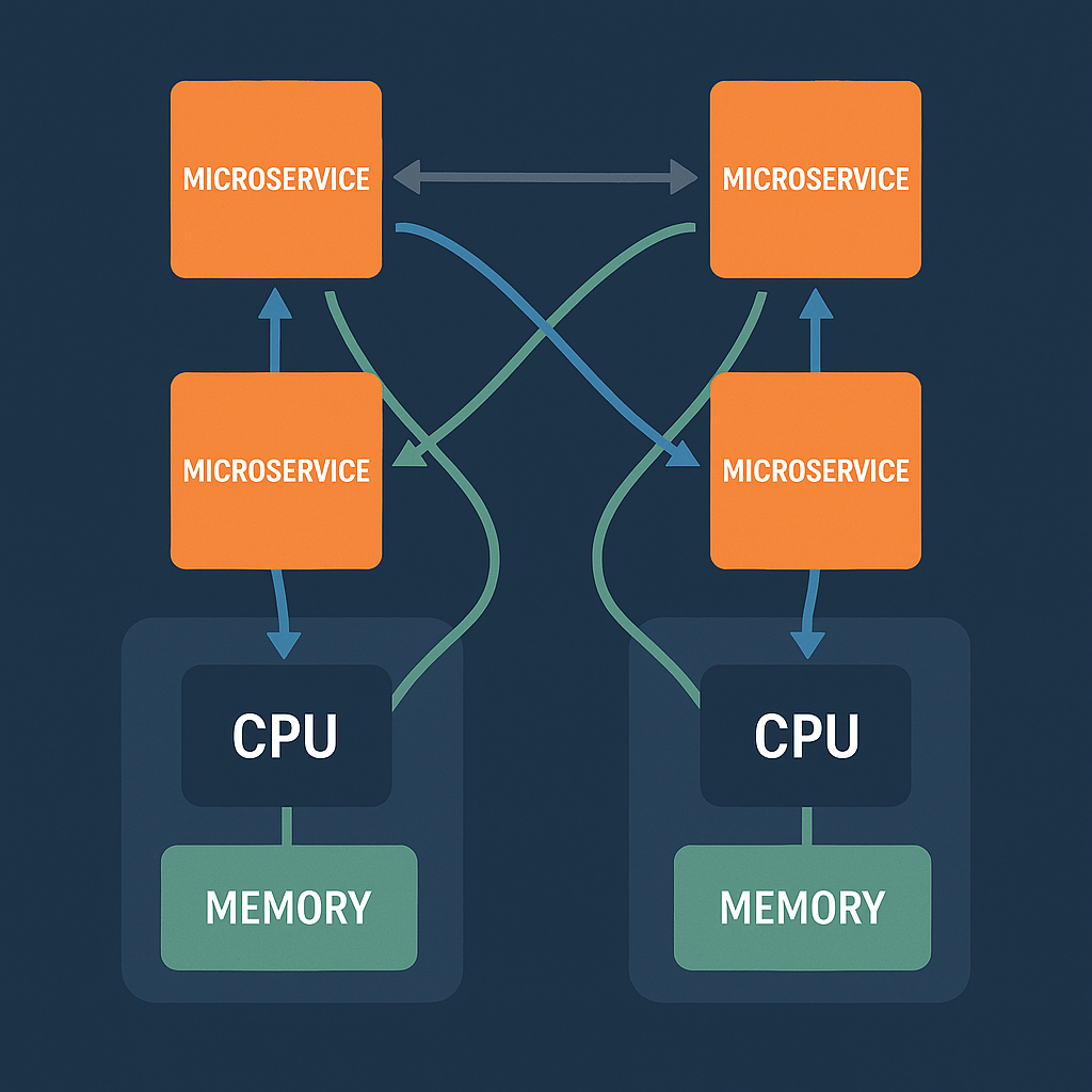 Картинка иллюстрирует архитектуру NUMA с двумя сокетами: на каждом из них свой процессор и память, а сверху размещены микросервисы, взаимодействующие как с локальными, так и с удалёнными ресурсами.