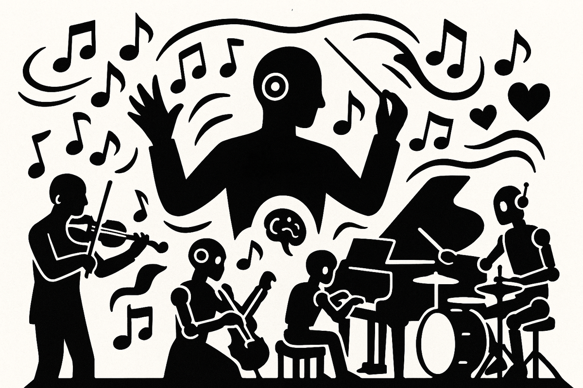 Силуэт искусственного интеллекта, управляющего оркестром роботов, выражающих эмоции через музыку.