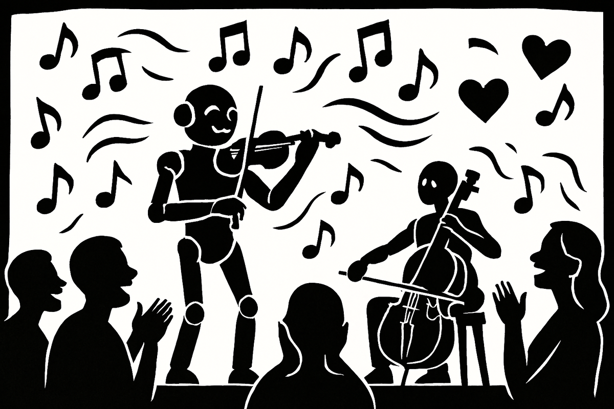 Силуэт робота-музыканта, исполняющего соло на сцене перед восхищённой аудиторией.