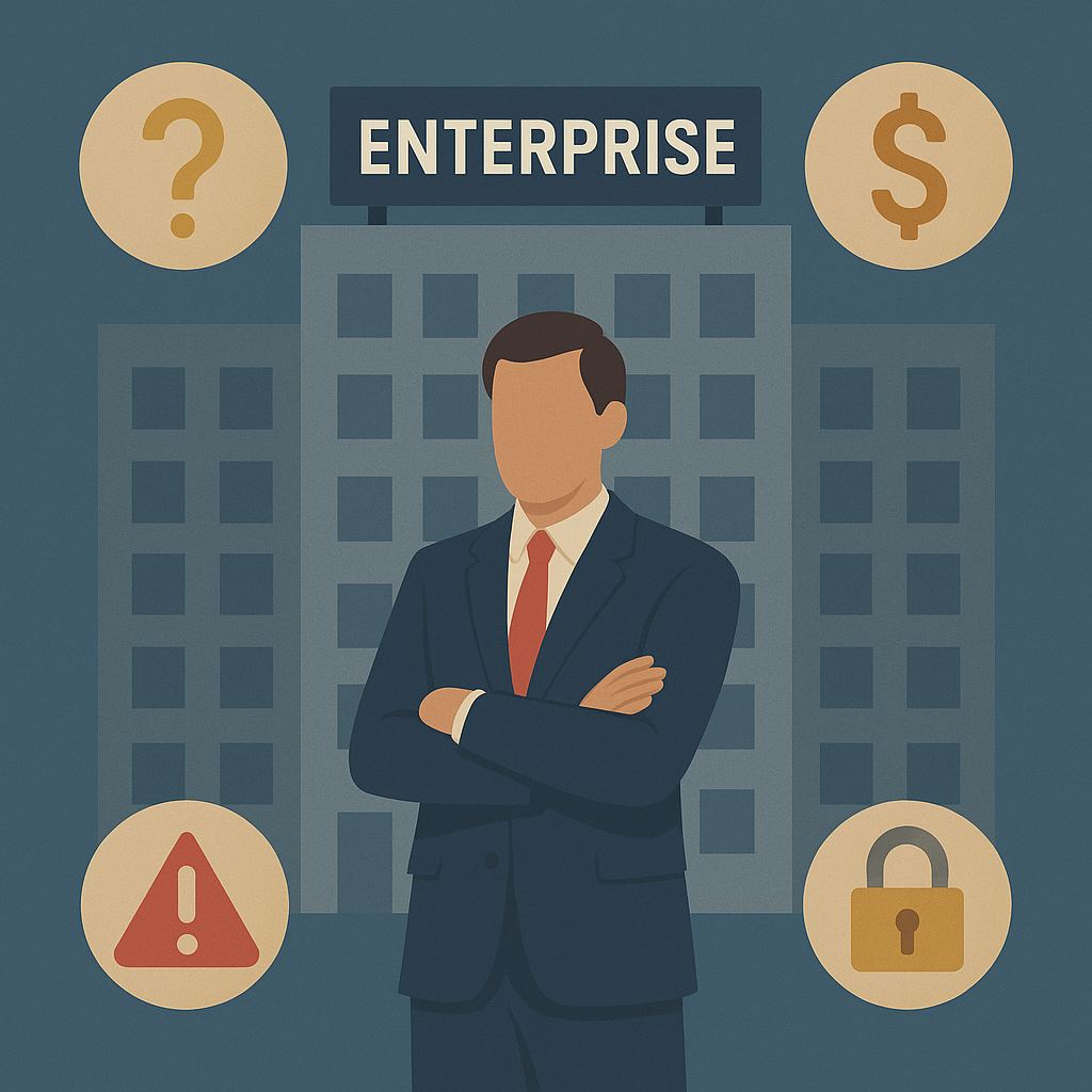 Картинка символизирует жизнь в крупной корпорации: на фоне офисного здания изображён сотрудник в костюме, окружённый иконками, отражающими проблемы — неясность ответственности, финансовые потери, низкую компетентность и формальный подход к срочности и безопасности.