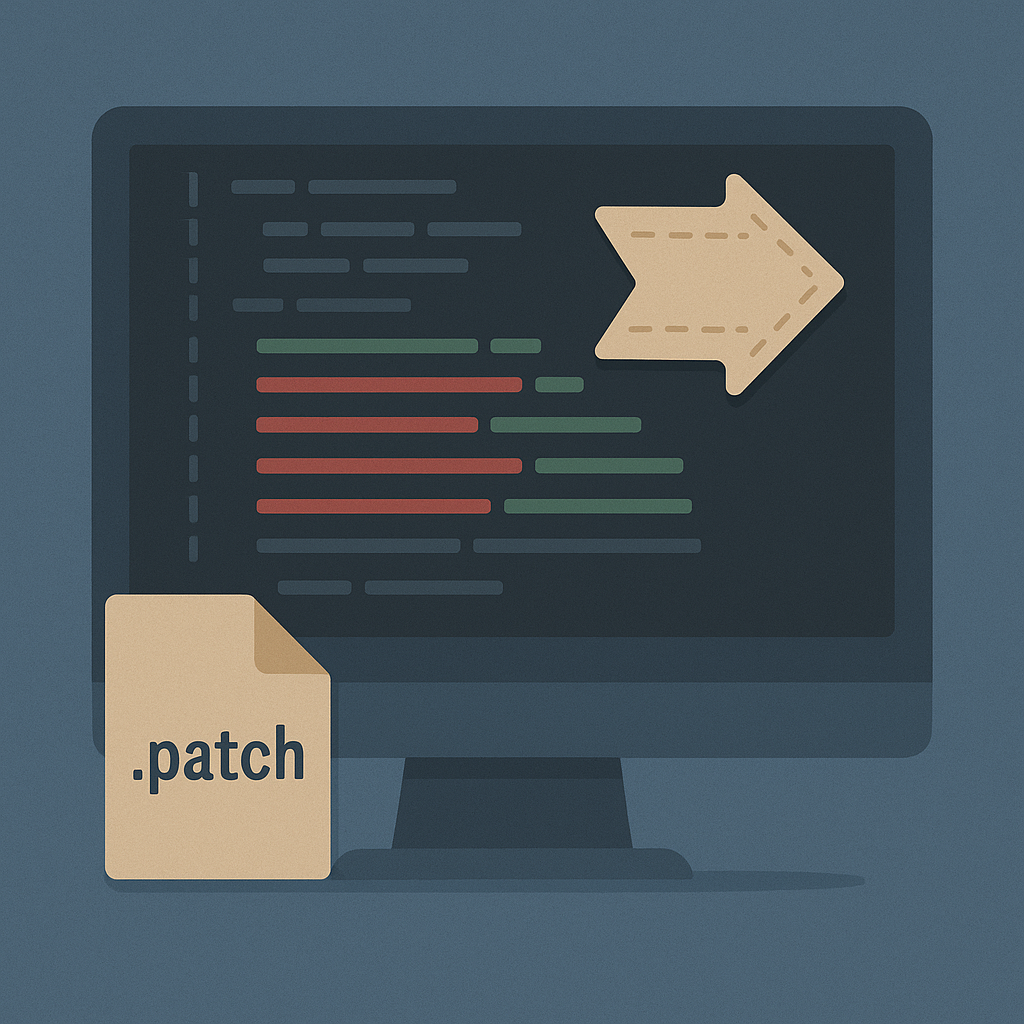 Картинка показывает процесс внесения изменений в чужой код: на экране компьютера отображаются строки с правками, рядом лежит иконка .patch-файла и символ инструмента, подчеркивающий работу с патчами.