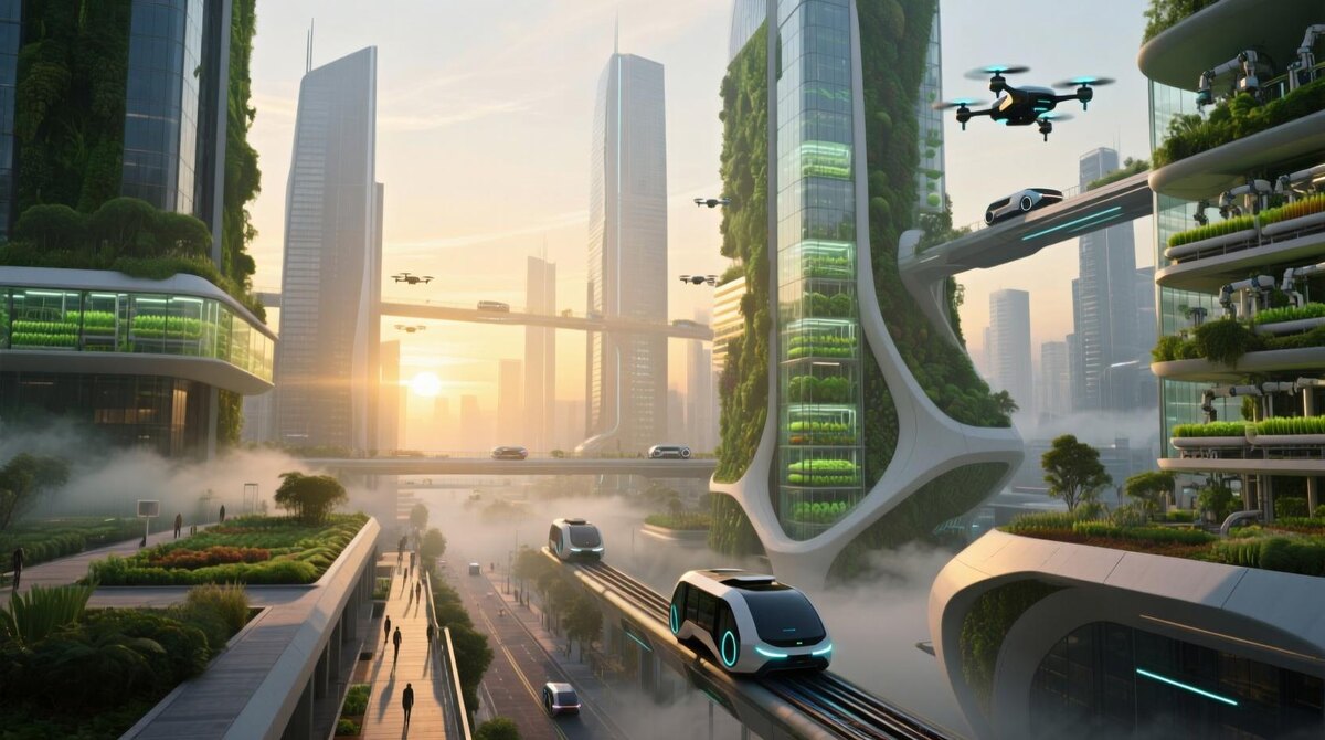 Футуристический город с зелёными небоскрёбами, летающими дронами и автономным транспортом на фоне рассвета. Чистота, технология и природа гармонично сочетаются в утопическом мегаполисе будущего.