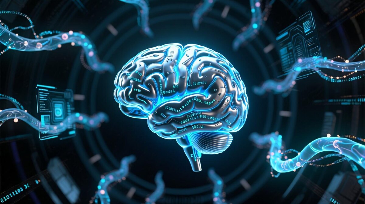 цифровой мозг, пульсирующий голубым светом, символизирующий искусственный интеллект. Вокруг него витают данные, код и нейронные связи, создавая впечатление живого цифрового сознания. Это визуализация сложных нейросетей, где информация обрабатывается как в человеческом мозге, но в цифровом пространстве. Технология, близкая к разуму, — будущее искусственного интеллекта.