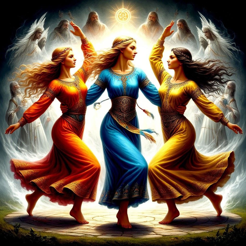 Танец миров: Явь, Навь и Правь. Абстракция взаимодействия трёх миров. (нейросеть)