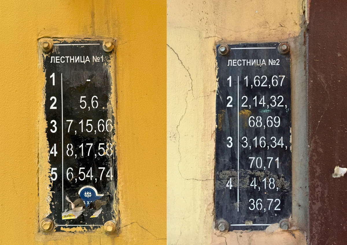 Слева - нумерация квартир в парадной Хармса (его квартира – 8). Справа - нумерация квартир в парадной рядом