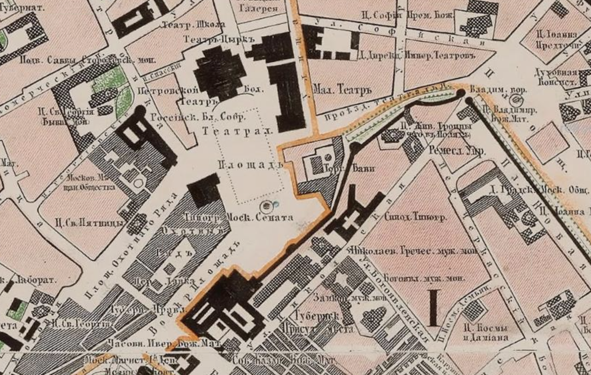 Фонтан Витали обозначен на карте Москвы 1859 года круглым символом. С сайта www.retromap.ru.