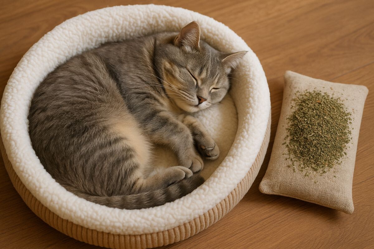 Кот спит в лежанке с кошачьей мятой 