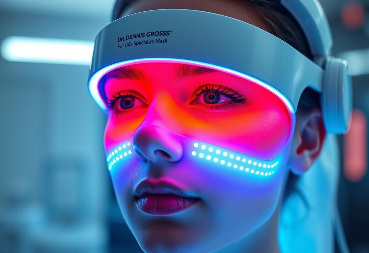  LED-маска Dr. Dennis Gross DRx SpectraLite на лице модели