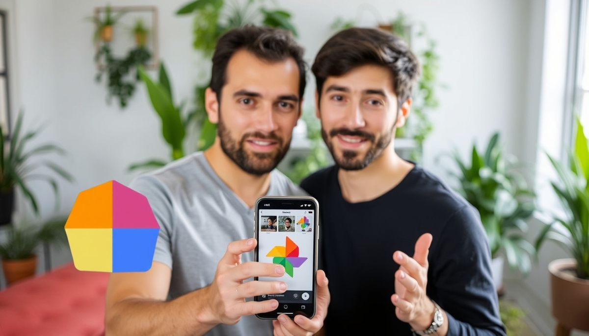    два человека, обсуждающие применение Google Photos