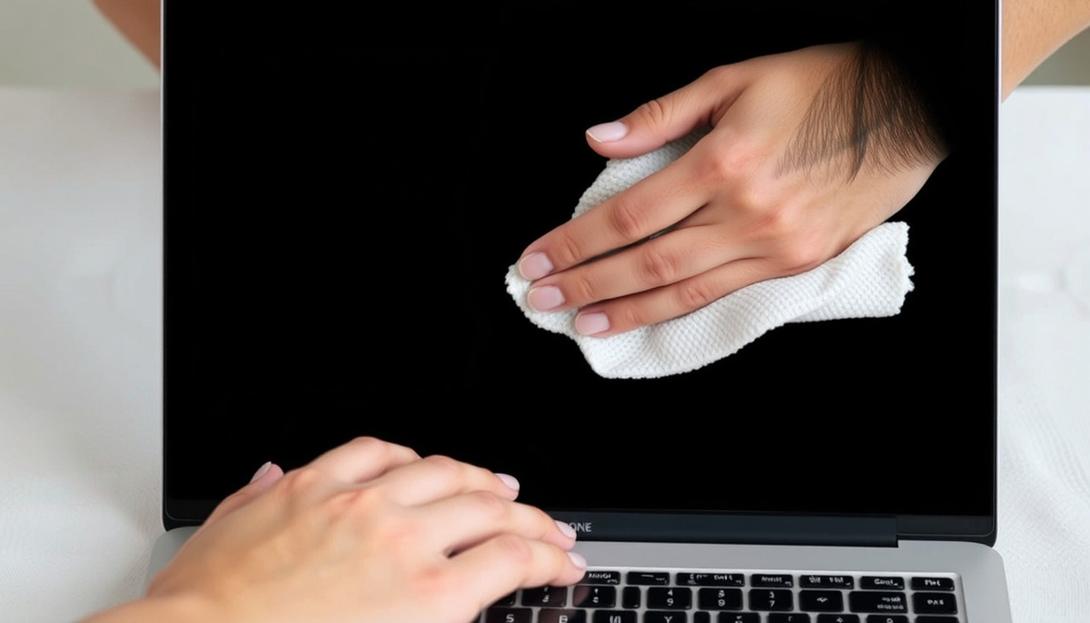    Чистка экрана ноутбука с использованием микрофибровой салфетки