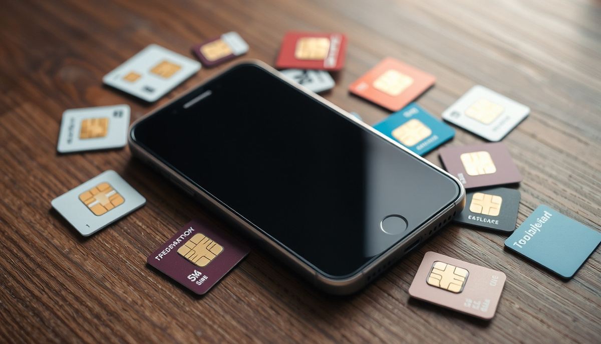    Смартфон на столе с протестированными SIM-картами вокруг.