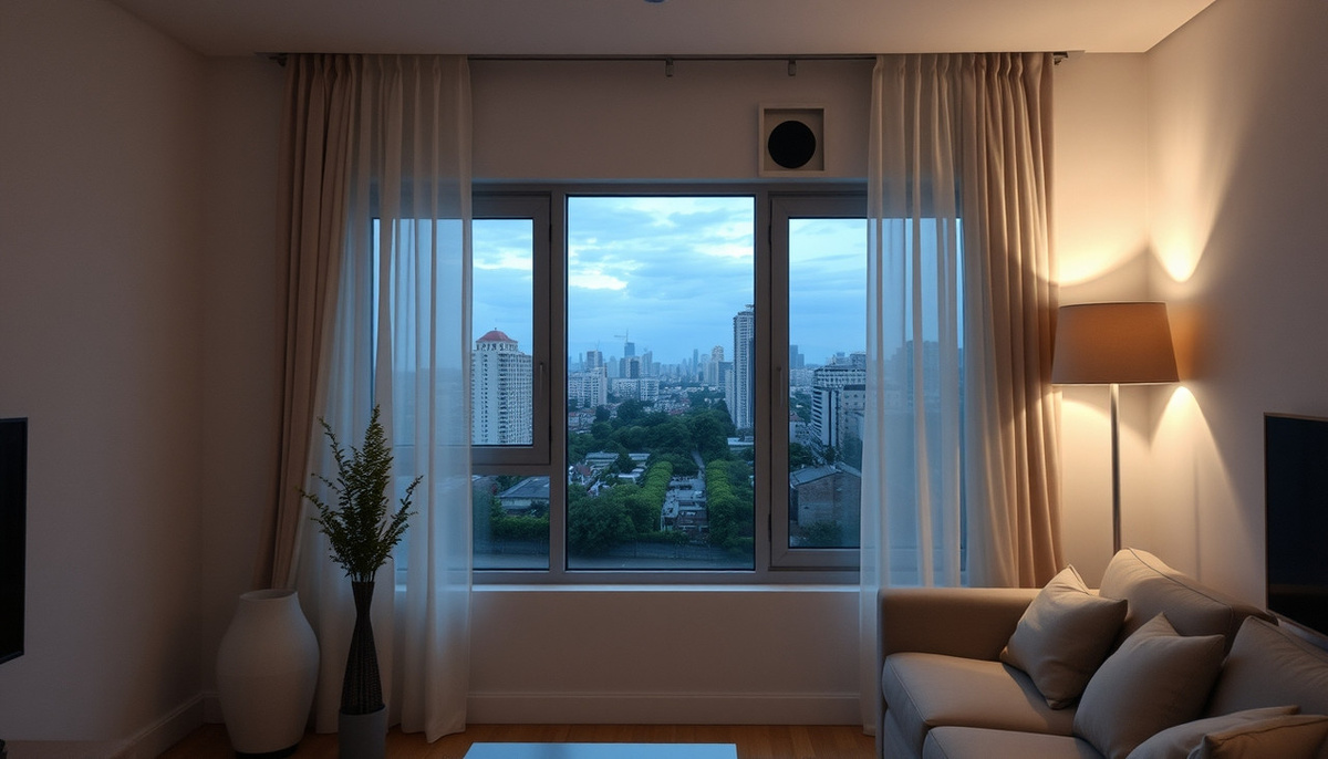    Стрелка камеры наблюдения, обращенная на подоконник с видом на улицу.