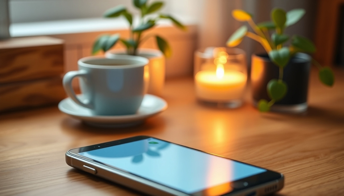    Изображение смартфона с низкой яркостью экрана в уютной обстановке.