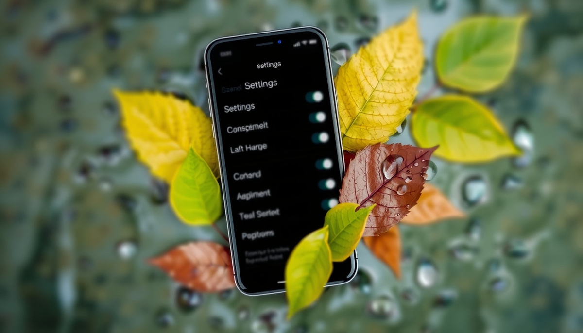    Смартфон с интерфейсом настройки, окруженный элементами природы, символизирующими экономию ресурсов.