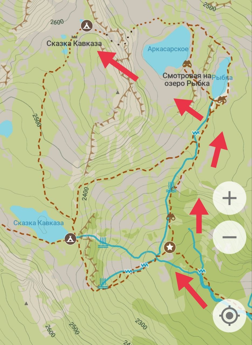 Маршрут на первый день: доходим до развилки между тропами на озеро Сказка Кавказа и на озера Аркасарское и Рыбка, поднимаемся до озера Рыбка, от него до Аркасарского, и затем на перевал сказка Кавказа