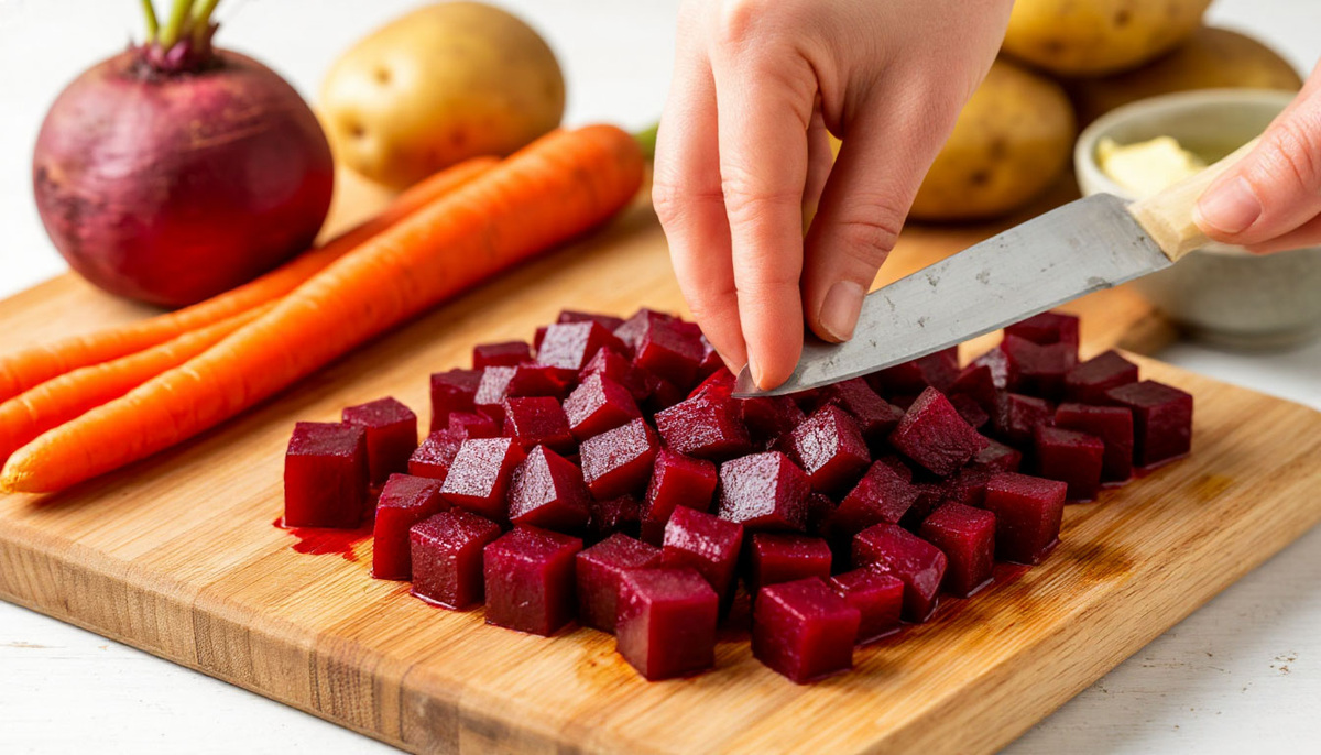 Нарезка свеклы кубиками для винегрета с добавлением масла на деревянной доске
