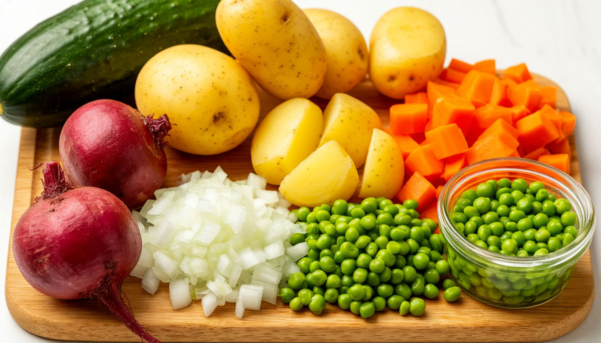 Свежие охлажденные ингредиенты для классического винегрета на деревянной доске