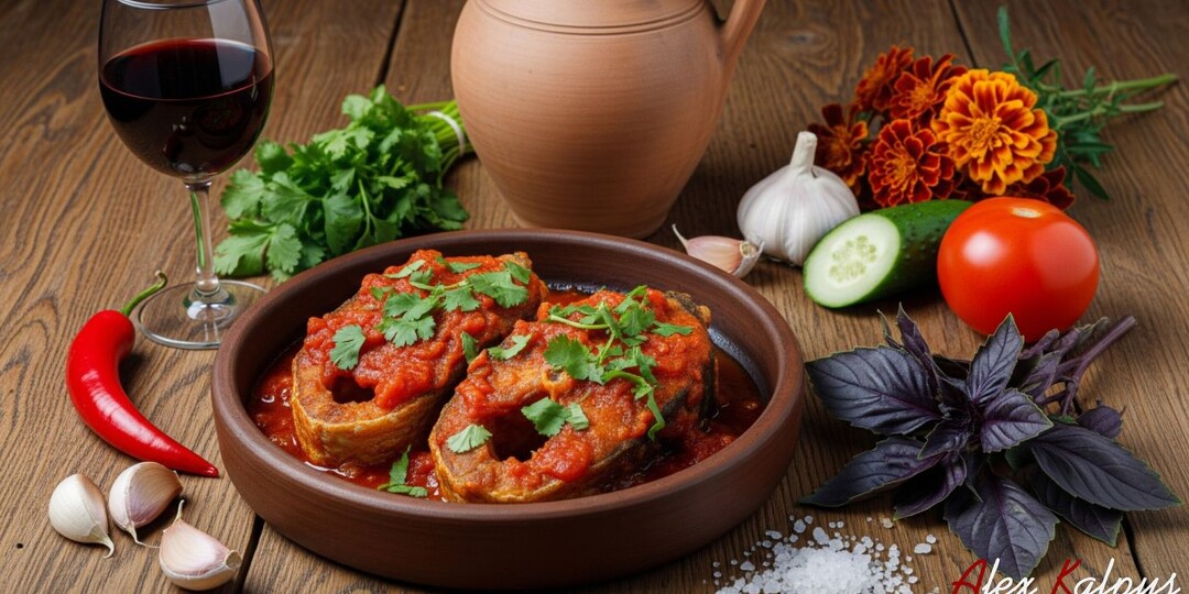 Грузинский рецепт жаренной рыбы в соусе из орехов и помидоров