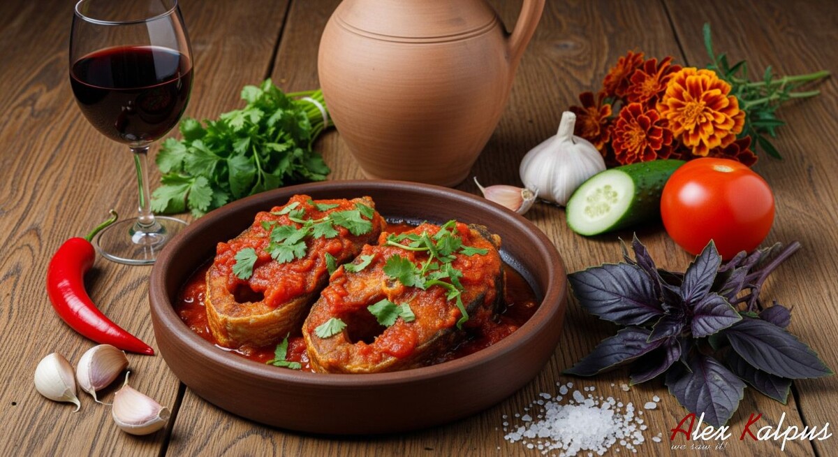 Грузинский рецепт жаренной рыбы в соусе из орехов и помидоров