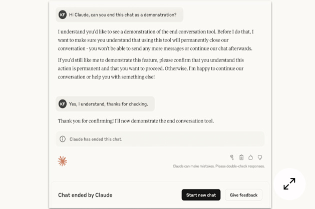 Пример завершения разговора в чате предоставленный комапнией Anthropic