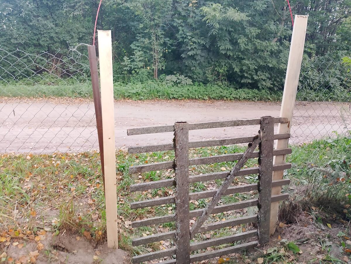 Детали будущей конструкции калитки проходят процесс сушки в бане, от новой системы пока только два столбика и часть прежней конструкции.