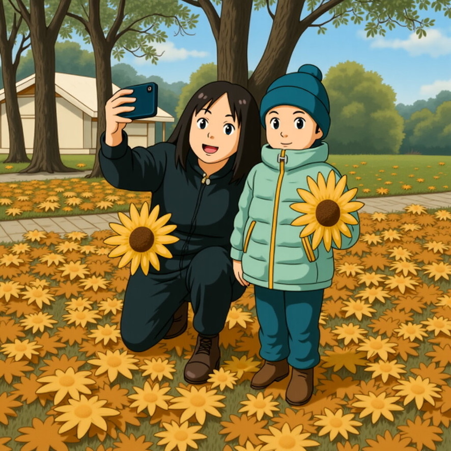 Осенняя прогулка в 2024 году в усадьбе Марфино. Кругом опавшая листва. Я фотографируюсь с Софией, а Папа фотографирует нас.