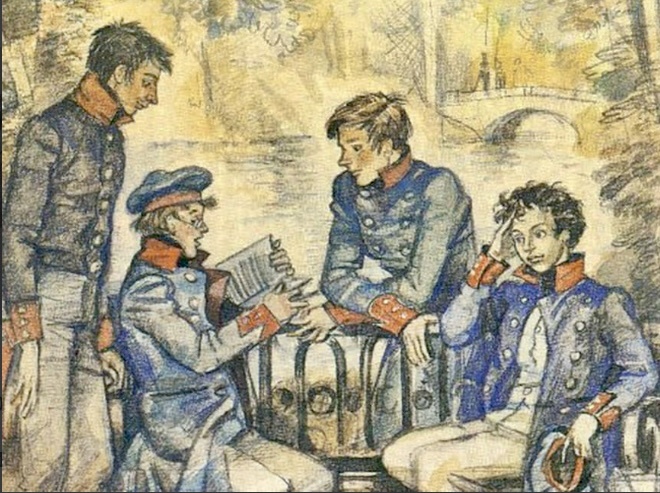 Юрий Иванов. Лицеисты Вильгельм Кюхельбекер, Антон Дельвиг, Иван Пущин, Александр Пушкин (Фрагмент). 1987. Музей Лаишевского края им. Г. Державина, Лаишево, Республика Татарстан