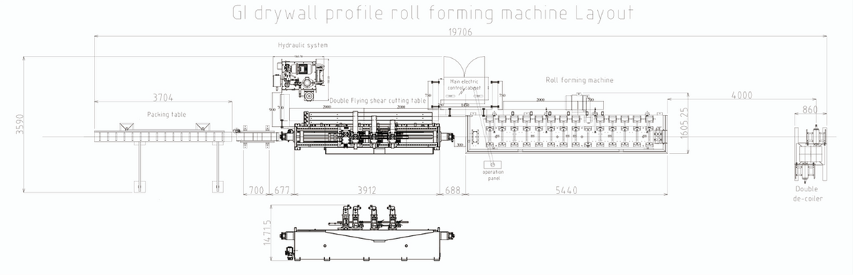 Пример сборочного чертежа профилегибочной линии. Необходимо выделить основные узлы: станина, формующие клети, система управления