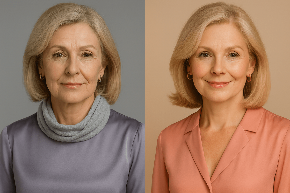 До: серо-лиловая пастель у лица. Кожа бледнее, глубже видны тени и сеточка. После: персик и айвори. Цвет отражает свет, выравнивает тон, лицо свежее. Тёплый металл в украшениях поддерживает палитру.