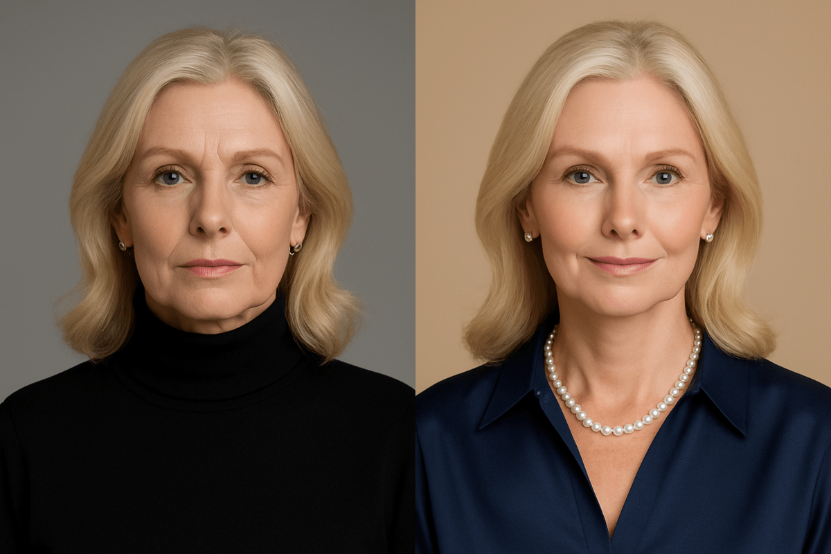 До: глухой черный гольф. Контраст «съедает» подсветку, усиливает заломы и пятна. После: темно-синий шелк и жемчуг. Глубина сохраняется, свет распределяется мягче, черты деликатнее, тон ровнее.