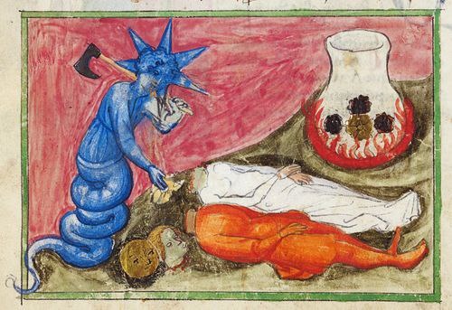 Демонический змей отрубает головы антропоморфным существам, что символизирует очистку металлов на финальных стадиях великого делания.