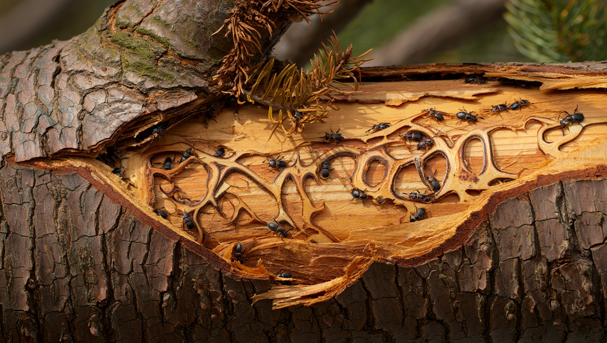 То, что скрыто под корой. Когда вы видите такую картину, спасать ветвь или даже всё дерево, как правило, уже поздно. Это результат работы всего одной колонии короедов.