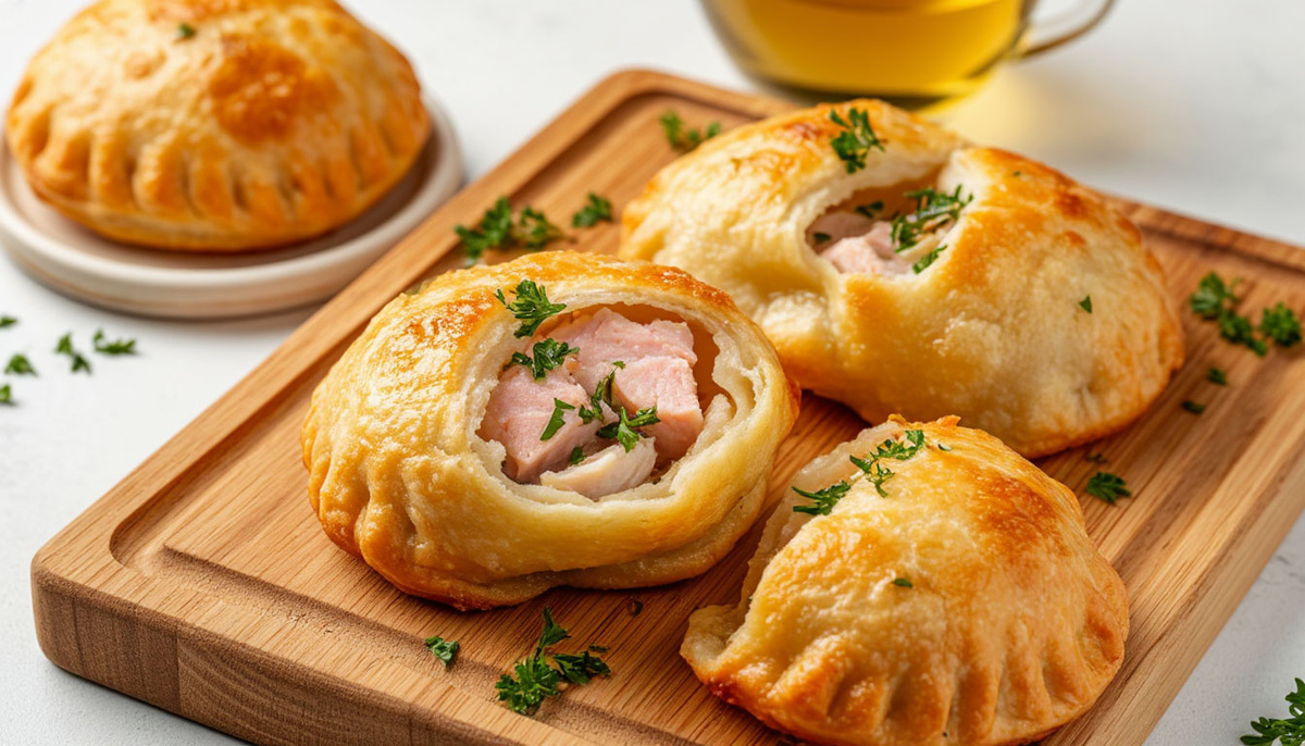 Горячие свежеиспеченные расстегаи с рыбной начинкой на деревянной доске