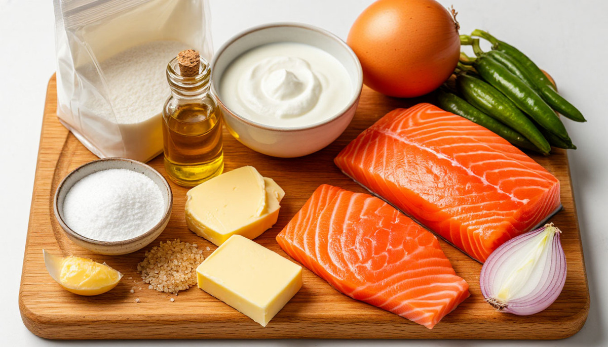 Ингредиенты для теста и рыбной начинки расстегаев на деревянной доске