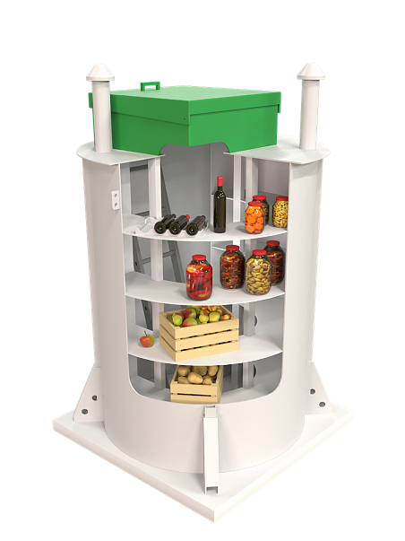 Компактный погреб Лотос 1 объемом чуть больше 3 куб. м. По заявлению производителя такой вмещает 90 трехлитровых баллонов