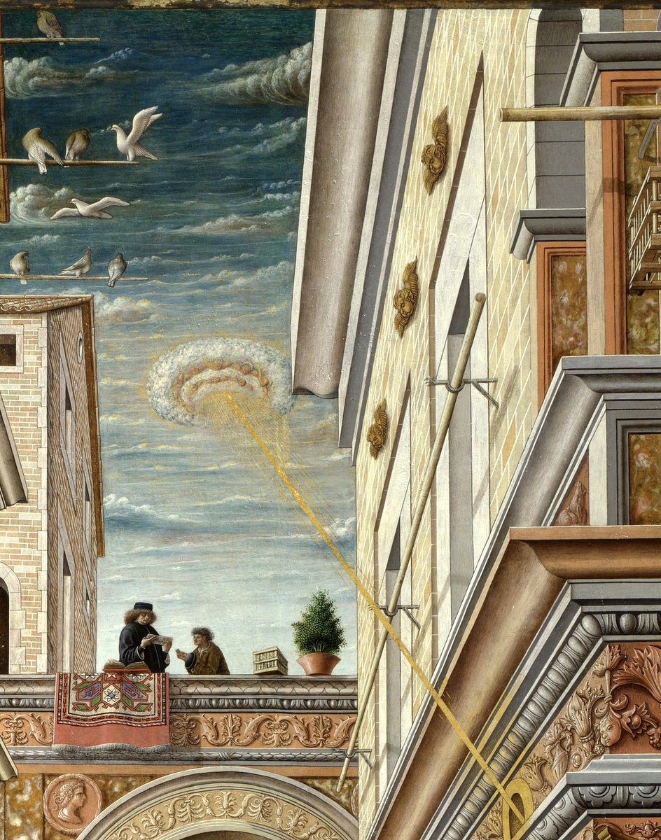 Карло Кривелли, «Благовещение со святым Эмидием», фрагмент. 1486 год. Дерево, перенесено на холст, темпера, масло. 207 × 146 см. Лондонская национальная галерея, Лондон, Англия. 