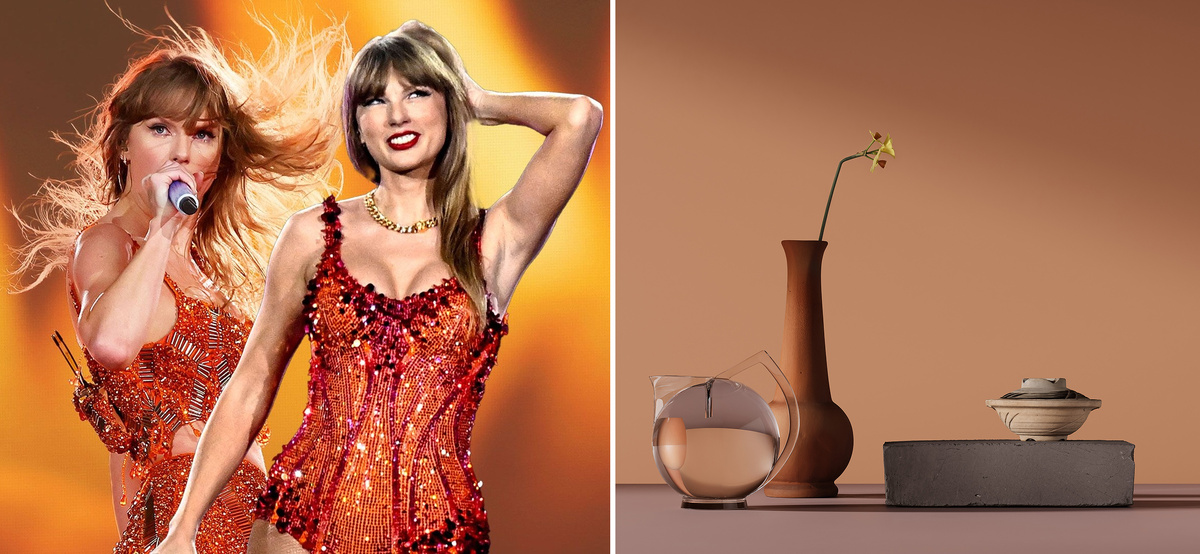 Фото Тейлор Свифт из архивов Vogue; обои LOT2 906 LU Wellness из коллекции Lotus Universe от бренда Loymina Materials